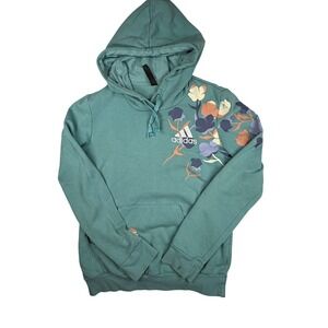 Adidas Floral Graphic Hoodie Teal Green Pullover Sweatshirt Womens XS